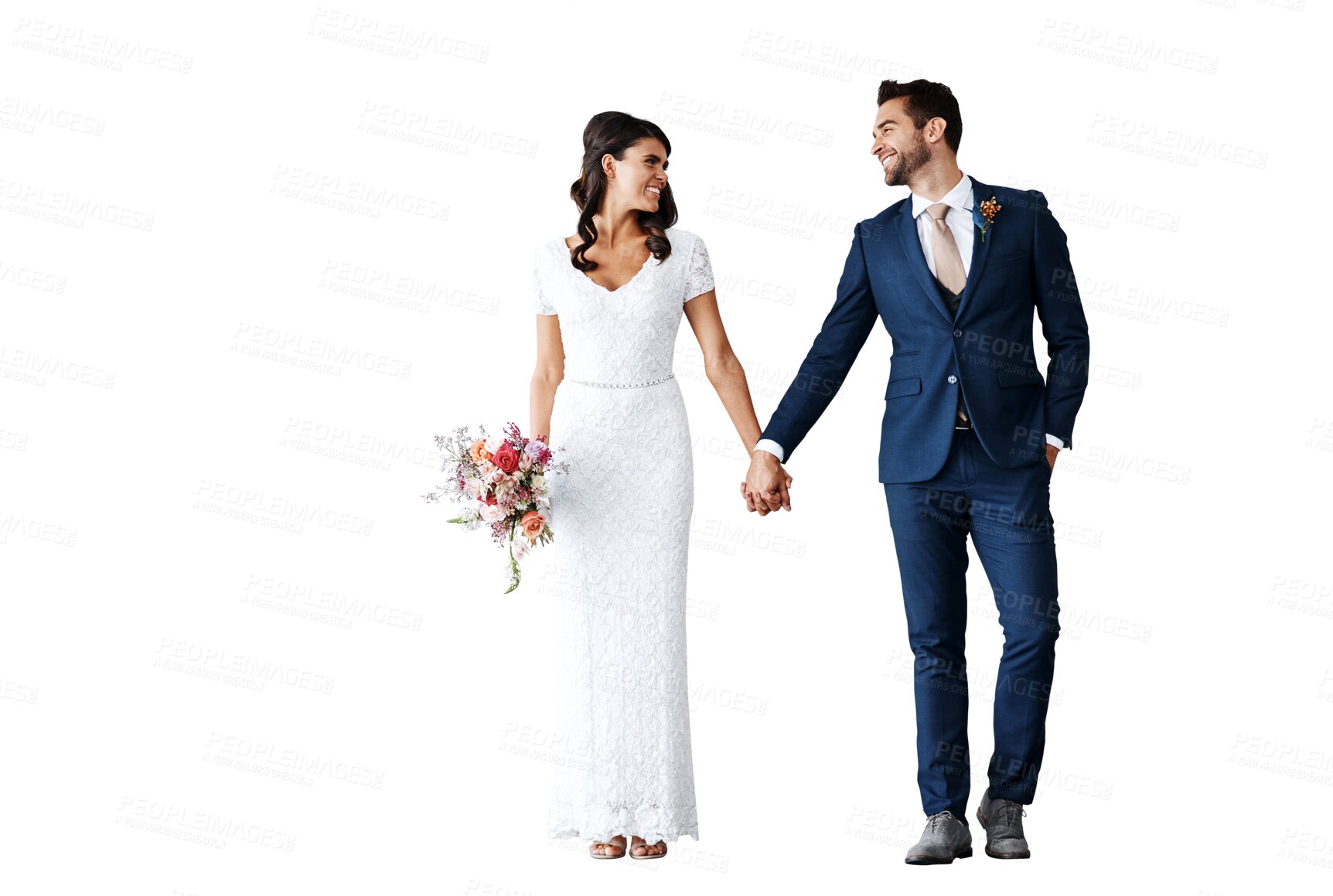 Buy stock photo Love, holding hands and couple in wedding outfit for ceremony, luxury event or party together. Happy, smile and young bride and groom with flowers for romance isolated by transparent png background.