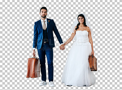 Buy stock photo Suitcase, holding hands and couple in wedding outfit for ceremony, luxury event or party together. Romance, honeymoon and young bride and groom with bags isolated by transparent png background.