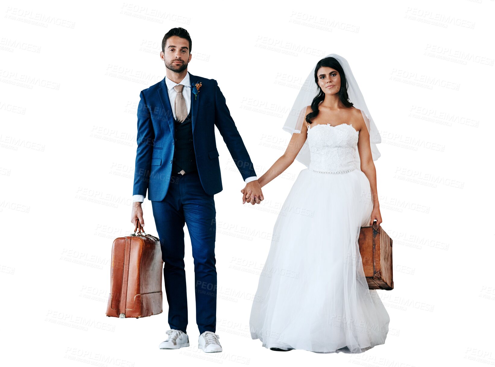 Buy stock photo Suitcase, holding hands and couple in wedding outfit for ceremony, luxury event or party together. Romance, honeymoon and young bride and groom with bags isolated by transparent png background.