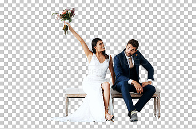 Buy stock photo Isolated couple, wedding portrait and bouquet in air for smile, pride or happy by transparent png background. Man, woman and marriage flowers for celebration at party, new beginning or event for love