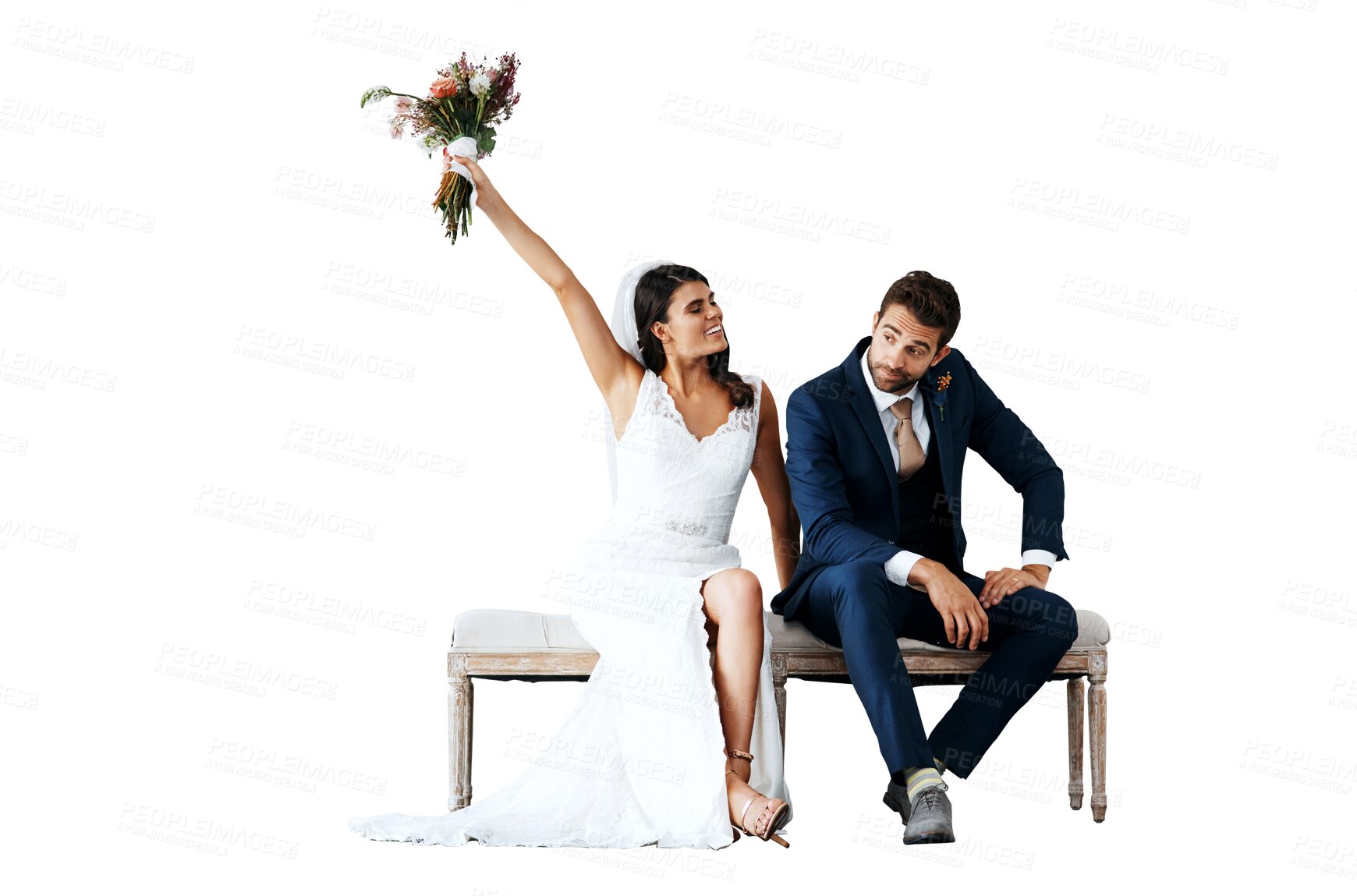 Buy stock photo Isolated couple, wedding portrait and bouquet in air for smile, pride or happy by transparent png background. Man, woman and marriage flowers for celebration at party, new beginning or event for love