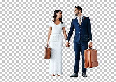 Buy stock photo Wedding, bride and groom with suitcase, travel and relationship isolated on a transparent background. Journey, romance and happy man with woman, marriage and honeymoon with celebration, love and png