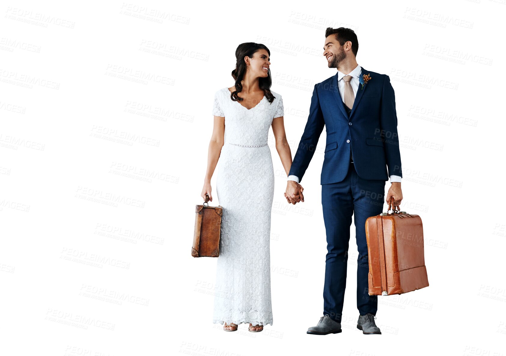 Buy stock photo Wedding, bride and groom with suitcase, travel and relationship isolated on a transparent background. Journey, romance and happy man with woman, marriage and honeymoon with celebration, love and png