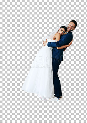 Buy stock photo Portrait, hug and couple with marriage, celebration and bride with groom isolated on a transparent background. Romance, happy man or woman embrace, ceremony or romantic with relationship, png or love