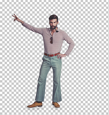 Buy stock photo Retro, fashion and man in portrait dancing in disco with 70s, peace and sign on isolated, transparent or png background. Vintage, clothes and person with hand gesture with hippie, style and freedom