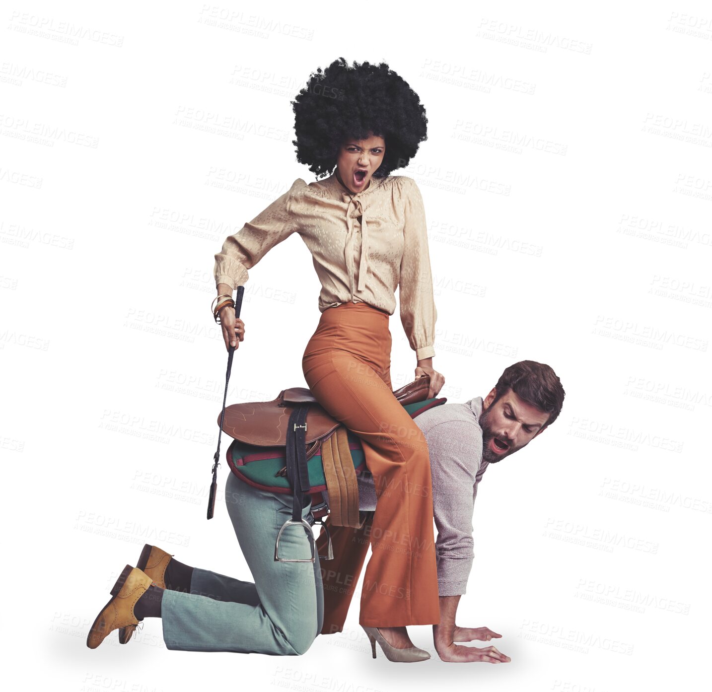 Buy stock photo Cowboy, empowerment and woman riding a man isolated on a transparent background for 70s style. Diversity, saddle and whip with a business employee couple on PNG for a crazy role play game together