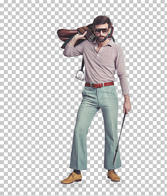 Buy stock photo Portrait, saddle and man with fashion, retro clothes or confident guy isolated on transparent background. Full body, person or model with riding crop, vintage outfit or stylish with sunglasses or png