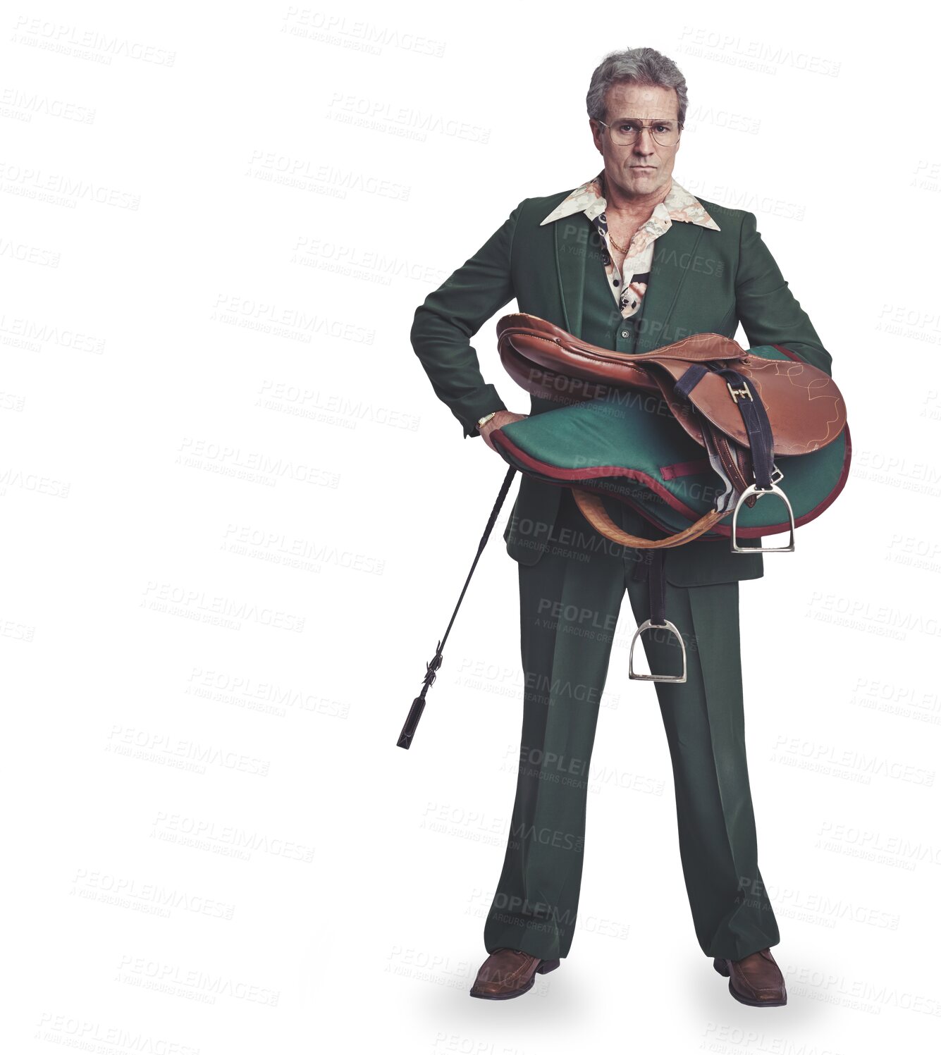 Buy stock photo Portrait, serious and man in suit with saddle isolated on a transparent png background. Horse seat, whip and mature person in glasses for training, equestrian equipment and fashion in stylish clothes