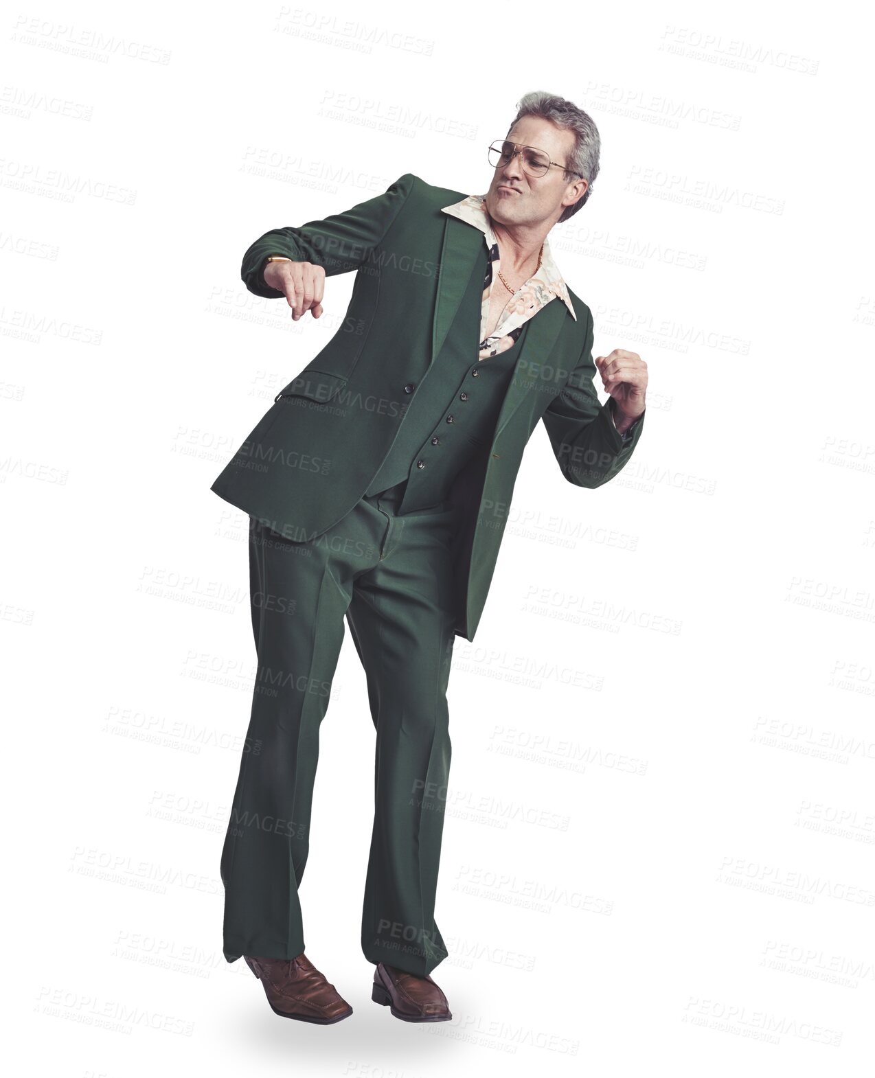 Buy stock photo Dance, happy and a man with celebration in a suit at a wedding isolated on a transparent png background. Fashion, vintage and a person at an event, disco or funny while moving in style and clothes