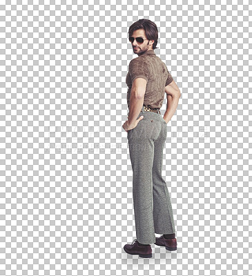 Man, fashion and pose with retro and isolated on a transparent png background. Indian person, sunglasses and confident for vintage clothing, weird and unique for crazy seventies, funny and comic