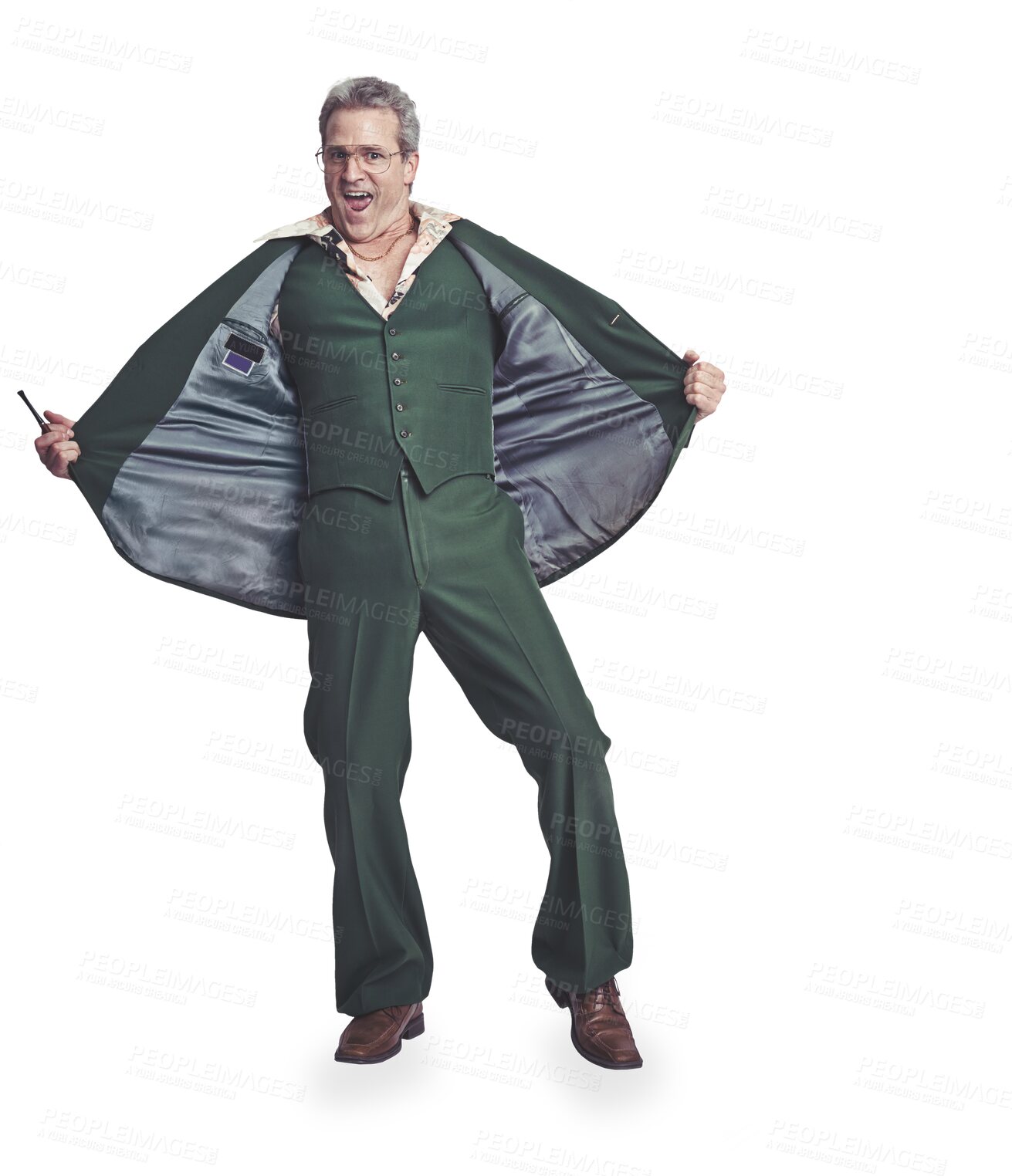 Buy stock photo Mature, fashion and man with a smile, retro clothes and costume isolated on a transparent background. Excited person, funny and playful model with a suit, vintage outfit and aesthetic or png