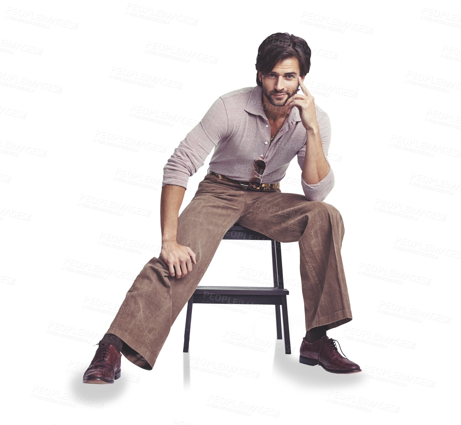 Buy stock photo Stylish, portrait and a man with fashion aesthetic, retro and on a chair isolated on a transparent png background. Vintage, trendy and a model or person in hipster or funky clothes with confidence