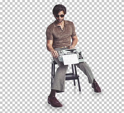 Buy stock photo Sunglasses, typing and man on typewriter on stool isolated on transparent png background. Glasses, serious writer or journalist on retro technology for creative work in vintage fashion, style or cool