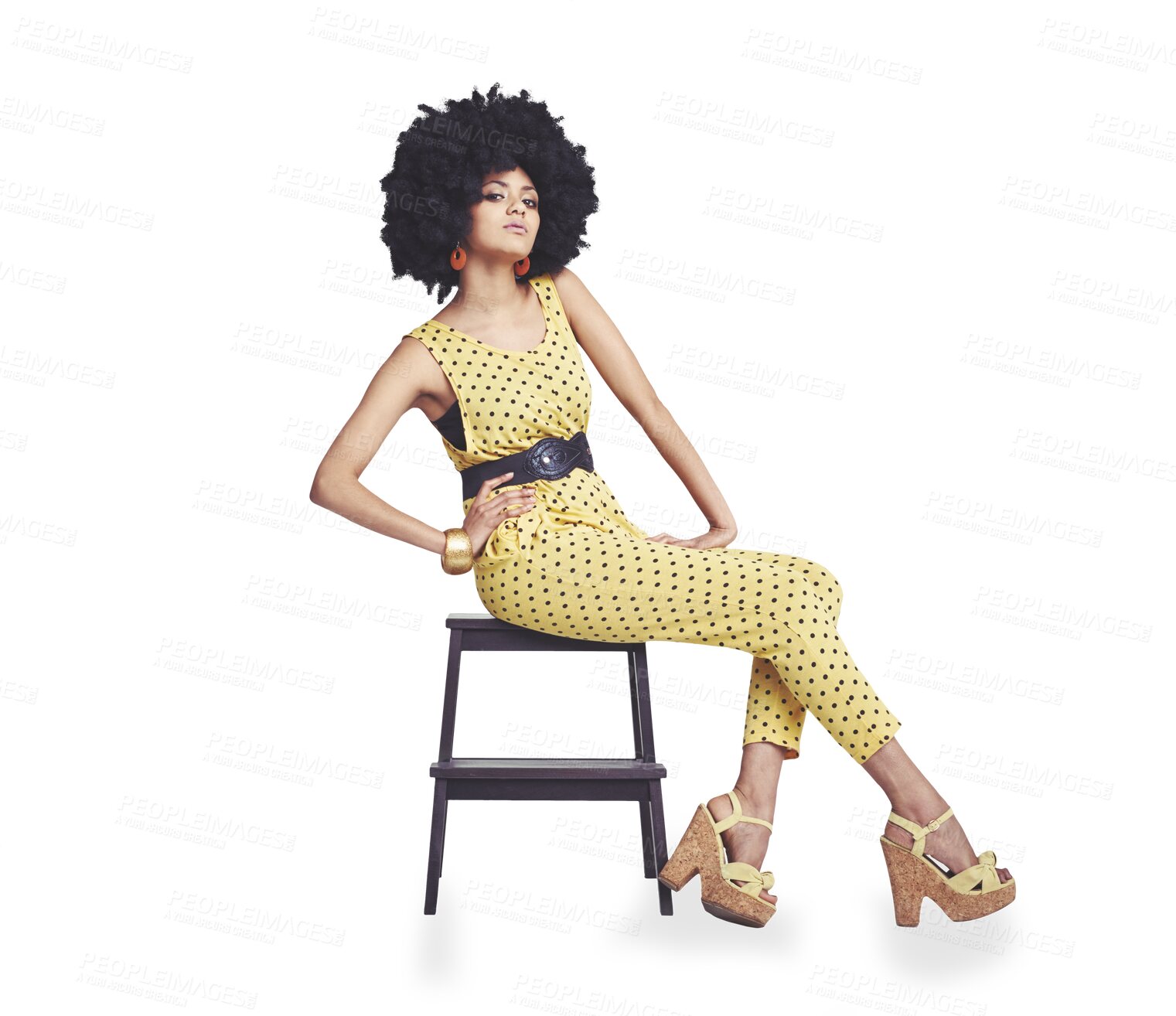 Buy stock photo Retro, fashion and portrait of woman on chair with 70s, clothes and style for disco on isolated, transparent or png background. Vintage, clothing and confidence in natural beauty or creativity