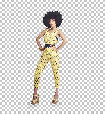 Buy stock photo Portrait, fashion and black woman with a jumpsuit, funny and happiness isolated on a transparent background. African person, girl or model with retro clothes, afro or funky with vintage outfit or png