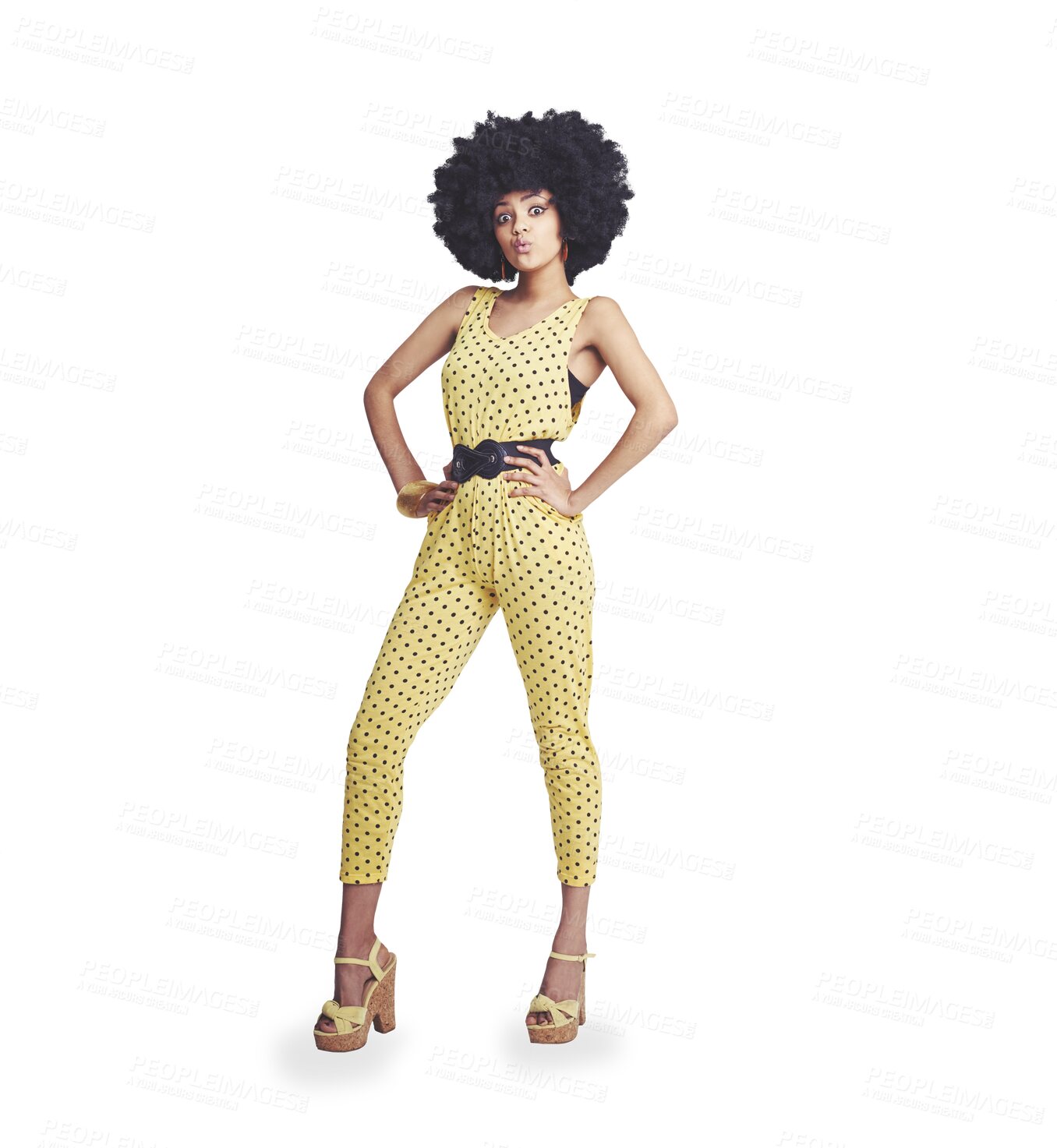 Buy stock photo Portrait, fashion and black woman with a jumpsuit, funny and happiness isolated on a transparent background. African person, girl or model with retro clothes, afro or funky with vintage outfit or png