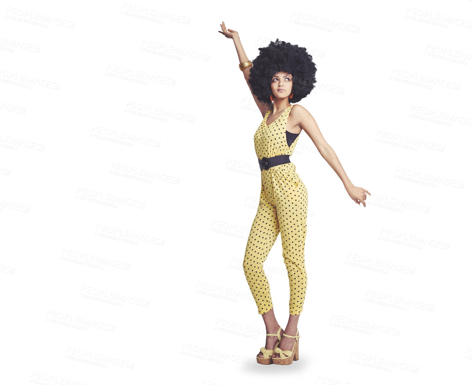 Buy stock photo Thinking, stylish and a retro woman with fashion, dancing and unique isolated on a transparent png background. Idea, hippie and a model or girl with vintage clothes for hipster trend or disco