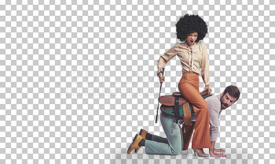 Buy stock photo Cowboy, empowerment and manager riding a colleague isolated on transparent background for 70s style. Diversity, saddle or whip with a business man and woman on PNG for a crazy role play game together