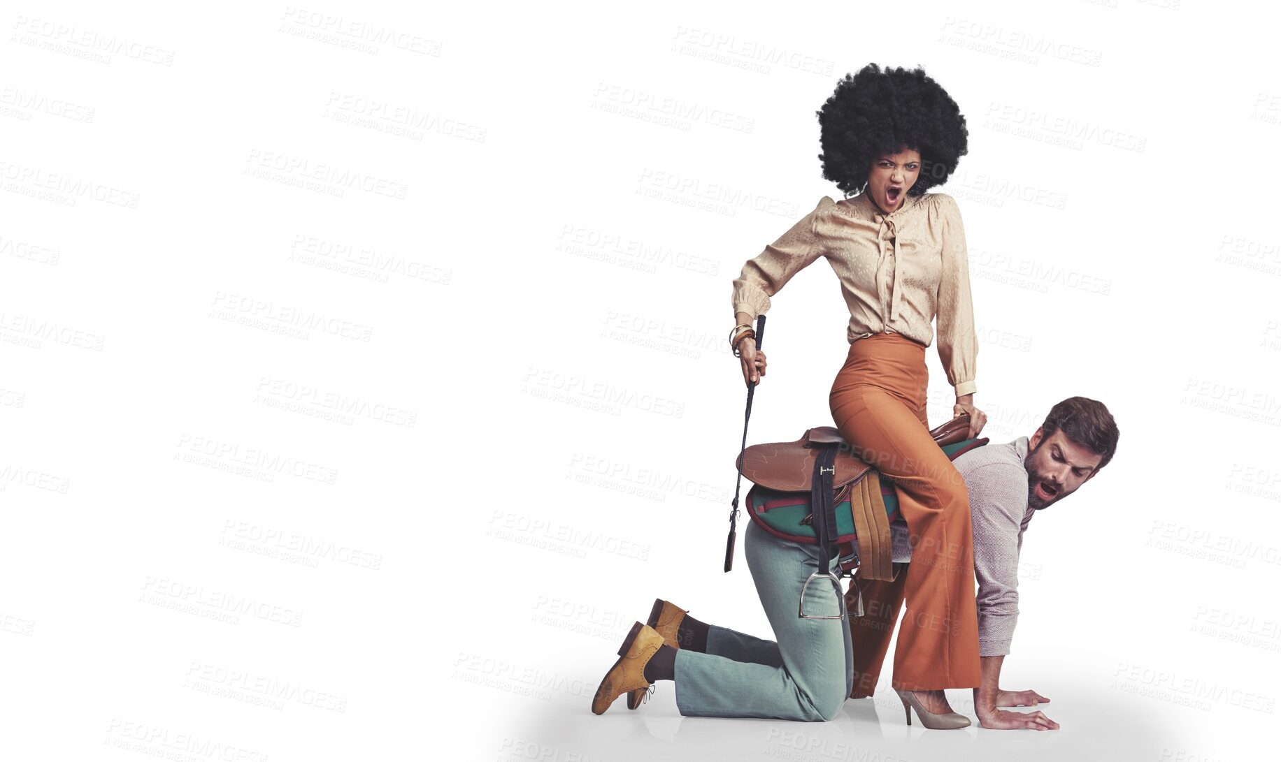 Buy stock photo Cowboy, empowerment and manager riding a colleague isolated on transparent background for 70s style. Diversity, saddle or whip with a business man and woman on PNG for a crazy role play game together