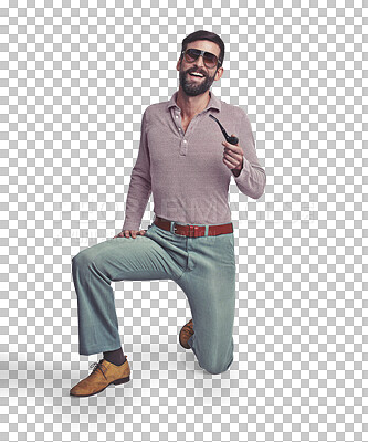 Buy stock photo Man, vintage and pose with pipe with retro look for funny style isolated on transparent png background. Male, sunglasses or groovy style for 70's fashion or goofy, unique clothing or kneel for comedy