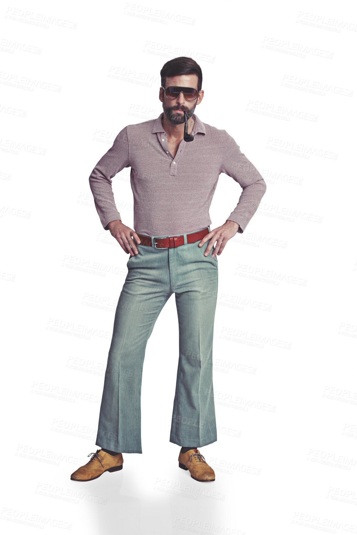 Buy stock photo Fashion, retro and man with sunglasses and 70s disco outfit and pipe in studio isolated on png or transparent background. Vintage, person and hippie style with hands on hip and serious face or trendy