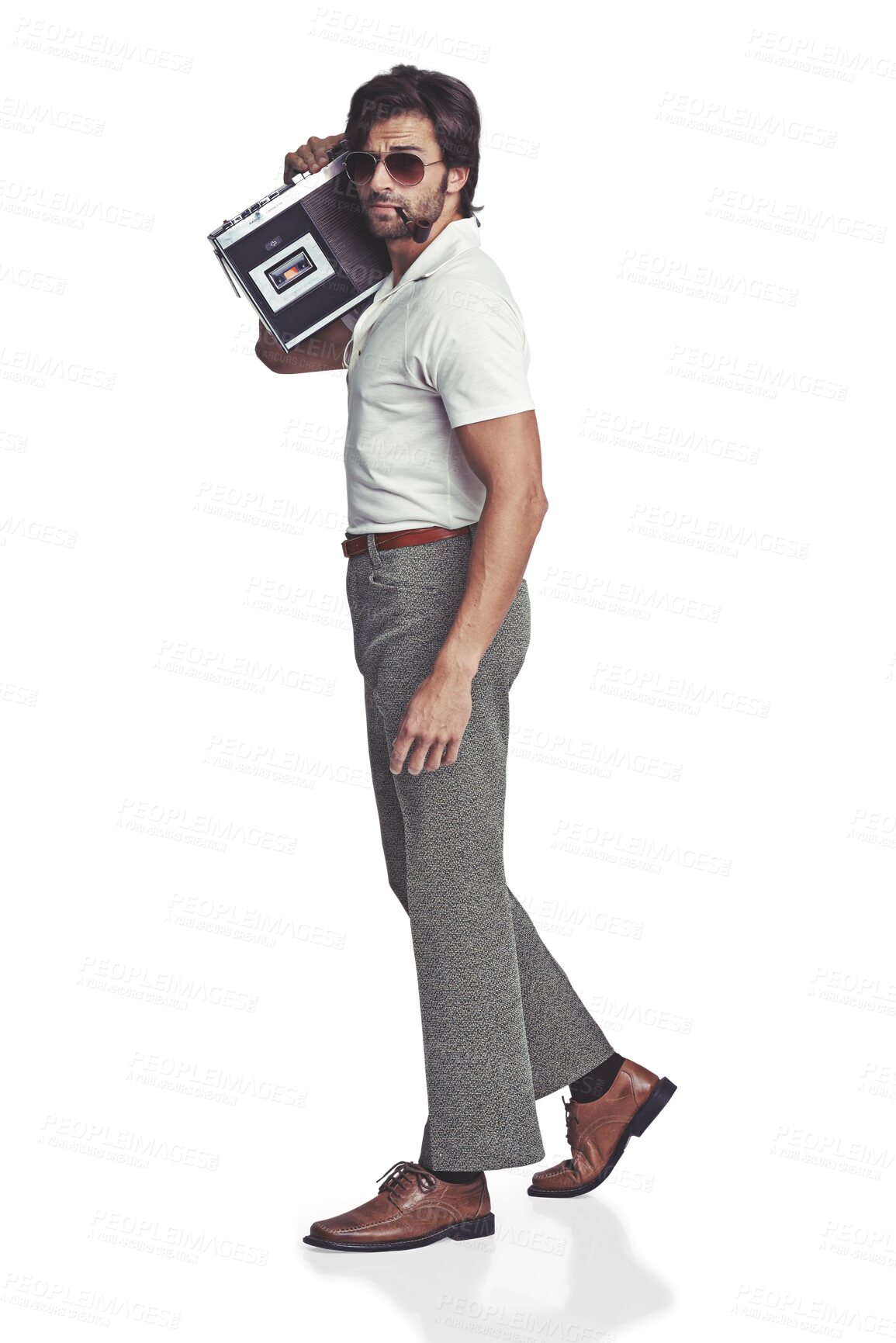 Buy stock photo Retro, portrait and a man with a radio for music and fashion aesthetic isolated on a transparent png background. Walking, model or a stylish person with a stereo for audio, cassette or vintage style