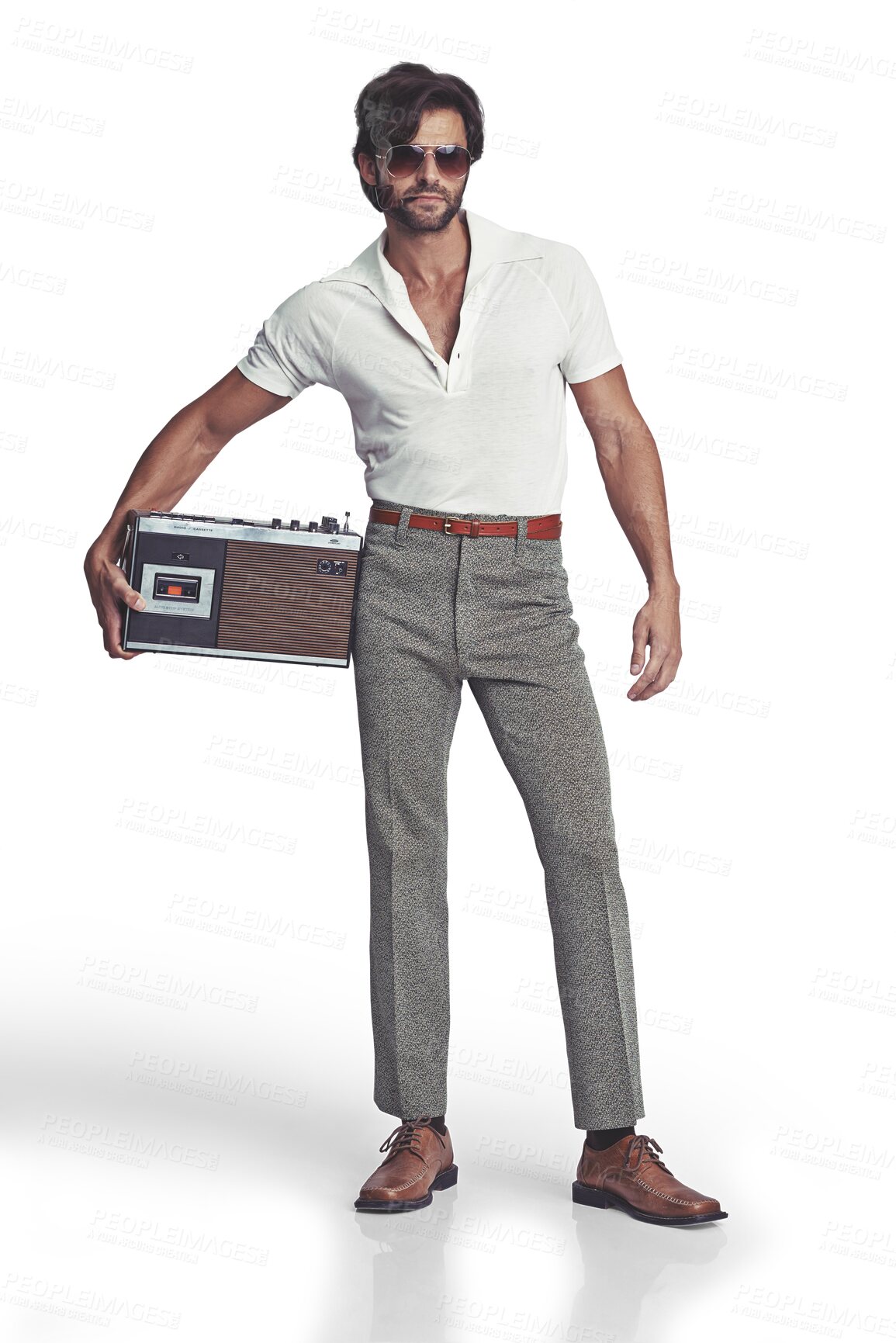 Buy stock photo Man, portrait and pipe with retro radio in 70s fashion, sunglasses or isolated by transparent png background. Hippy guy, vintage aesthetic and clothes with cassette player for smoking, sound or audio