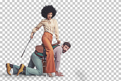 Buy stock photo Cowboy, empowerment and boss riding her employee isolated on a transparent background for 70s style. Diversity, saddle or whip with a business man and woman on PNG for a crazy role play game together