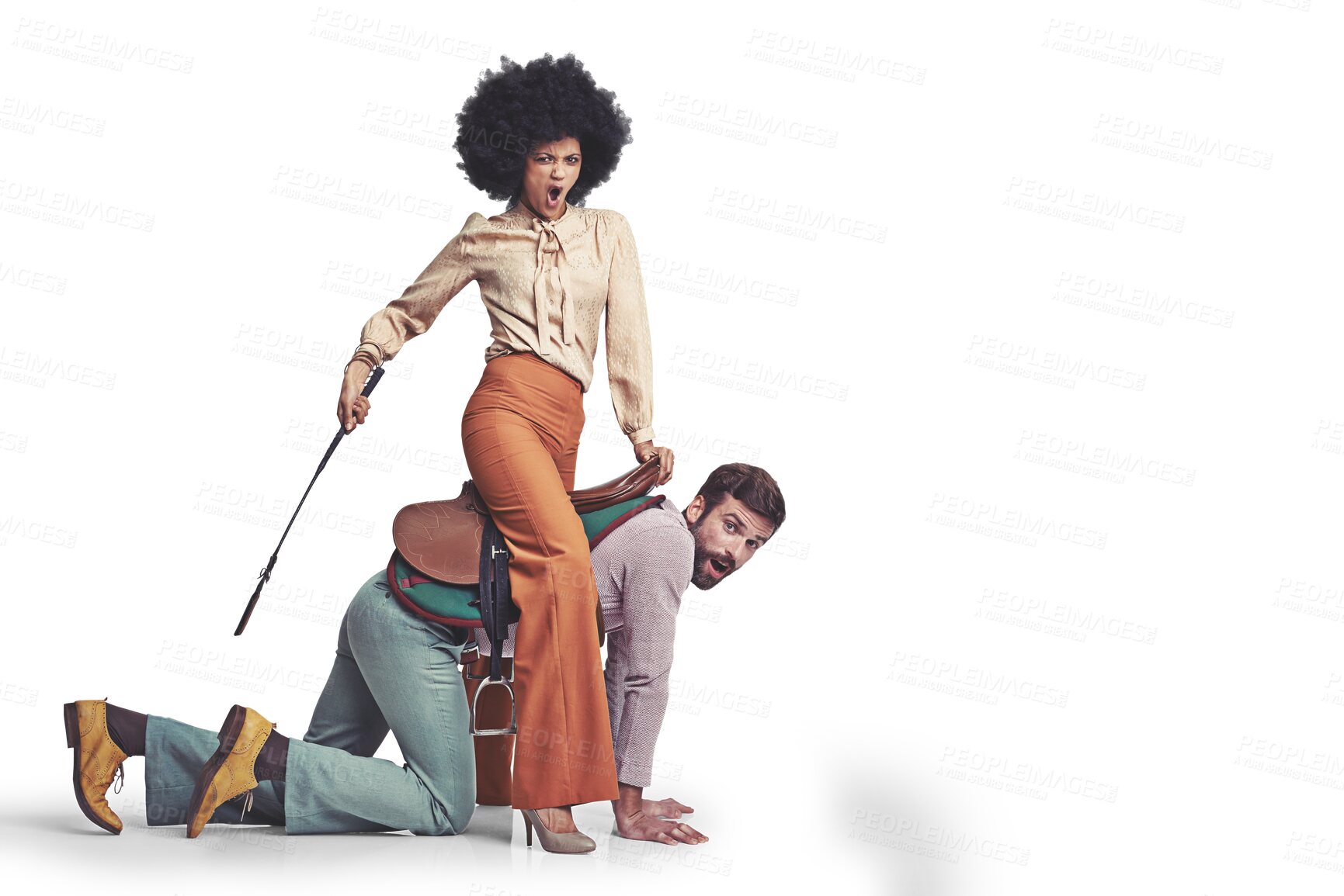 Buy stock photo Cowboy, empowerment and boss riding her employee isolated on a transparent background for 70s style. Diversity, saddle or whip with a business man and woman on PNG for a crazy role play game together