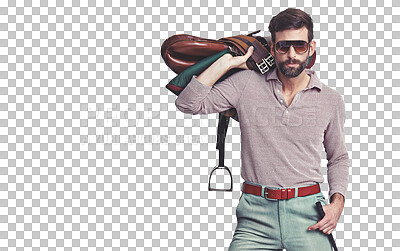 Buy stock photo Horseback riding, getting ready and portrait of man with fashion, style and vintage aesthetic. Cool, retro and person or model for activity in unique clothes isolated on a transparent png background