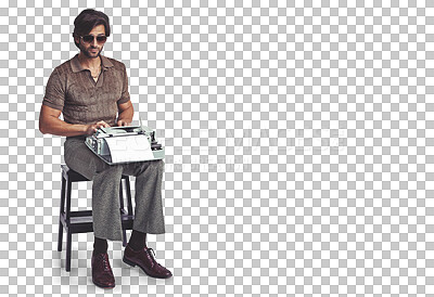 Buy stock photo Sunglasses, typing and man on typewriter isolated on a transparent png background. Glasses, serious writer and journalist on retro technology, stool or creative work in vintage fashion, style or cool