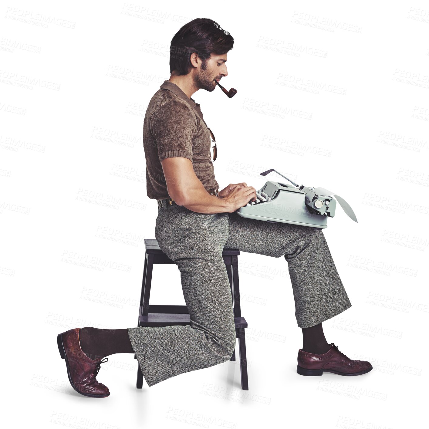 Buy stock photo Typewriter, typing and man with smoke pipe isolated on a transparent png background. Smoking, serious writer and journalist on retro technology, stool and creative work on document for vintage paper