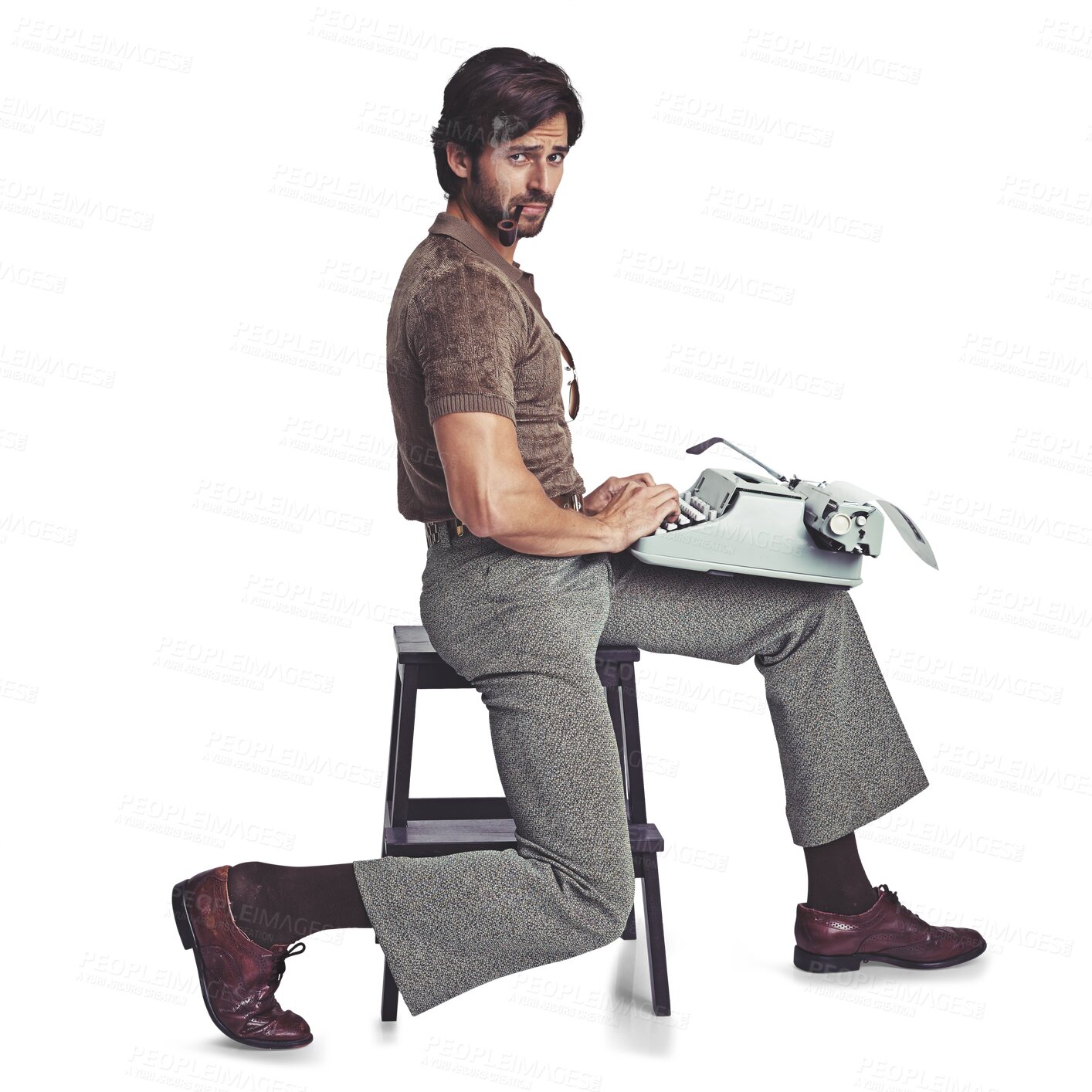 Buy stock photo Portrait, typing and serious man on typewriter with smoke pipe isolated on a transparent png background. Smoking, writer and journalist on retro technology, stool and creative work in vintage fashion