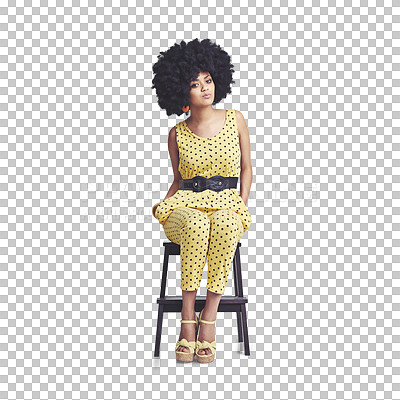 Buy stock photo Portrait, retro fashion or woman on chair in cool outfit in casual style isolated on png transparent background. Girl, disco or biracial afro person with confidence, vintage or 70s funky clothes