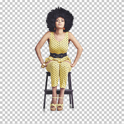 Buy stock photo Portrait, stylish and a woman with retro fashion on a chair isolated on a transparent png background. Serious, unique and a young girl or model in vintage clothes with confidence or empowerment