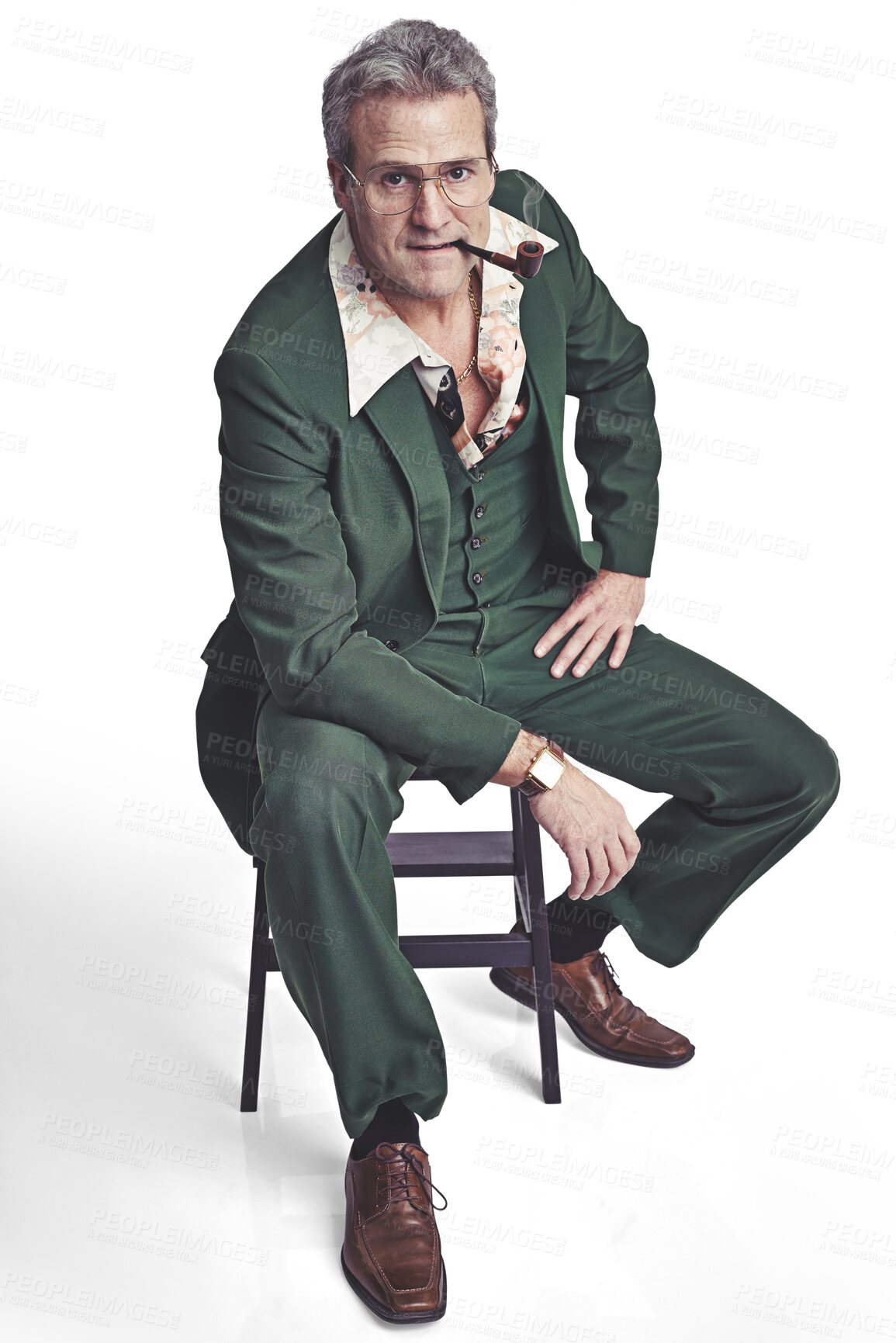 Buy stock photo Portrait of senior man, smoking or fashion outfit in retro style isolated on png transparent background. Pipe, vintage shirt or cool mature person in Italy with confidence or unique clothes on chair