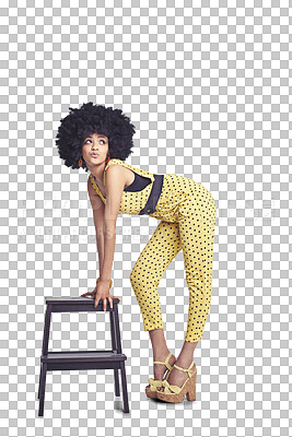 Buy stock photo Fashion, thinking and woman with pose, retro style and confident girl isolated on a transparent background. Person, afro and model with vintage clothes, pout and trendy outfit with png and aesthetic