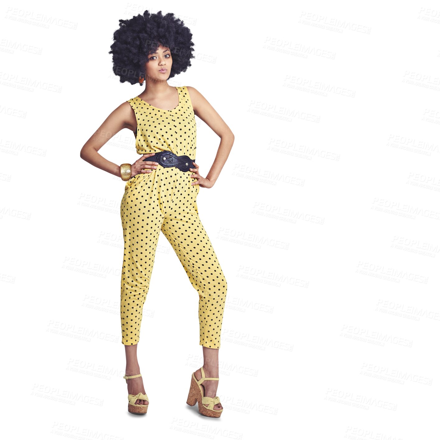 Buy stock photo Portrait, fashion and black woman with a jumpsuit, retro clothes and stylish girl isolated on a transparent background. African person, png or model with afro, funky and vintage outfit with beauty