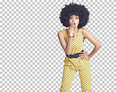 Buy stock photo Surprise, retro fashion or portrait of woman in cool outfit in casual style isolated on png transparent background. OMG, wow or shocked afro girl with gossip news, secret or vintage 70s funky clothes