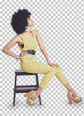 Buy stock photo Afro, retro fashion or woman on chair in a cool outfit style isolated on png transparent background. Girl, profile or biracial female person with confidence, vintage jumpsuit or 70s funky clothes