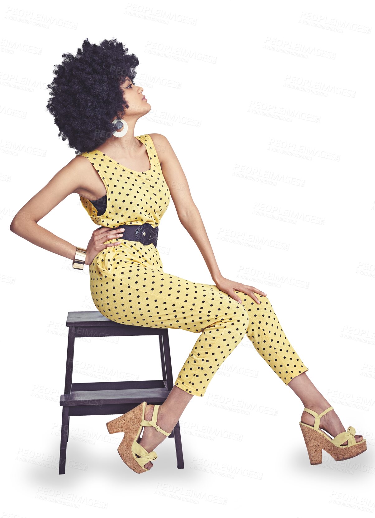 Buy stock photo Afro, retro fashion or woman on chair in a cool outfit style isolated on png transparent background. Girl, profile or biracial female person with confidence, vintage jumpsuit or 70s funky clothes