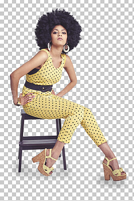 Buy stock photo Retro, fashion and portrait of woman on chair with 70s, clothes and beauty for disco on isolated, transparent or png background. Vintage, clothing and confidence in natural afro, style or creativity