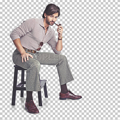 Buy stock photo Chair, fashion and man smoke pipe with vintage clothes isolated on a transparent png background. Portrait of model relax on stool and confidence with unique, hippie or funky and retro 70s style 