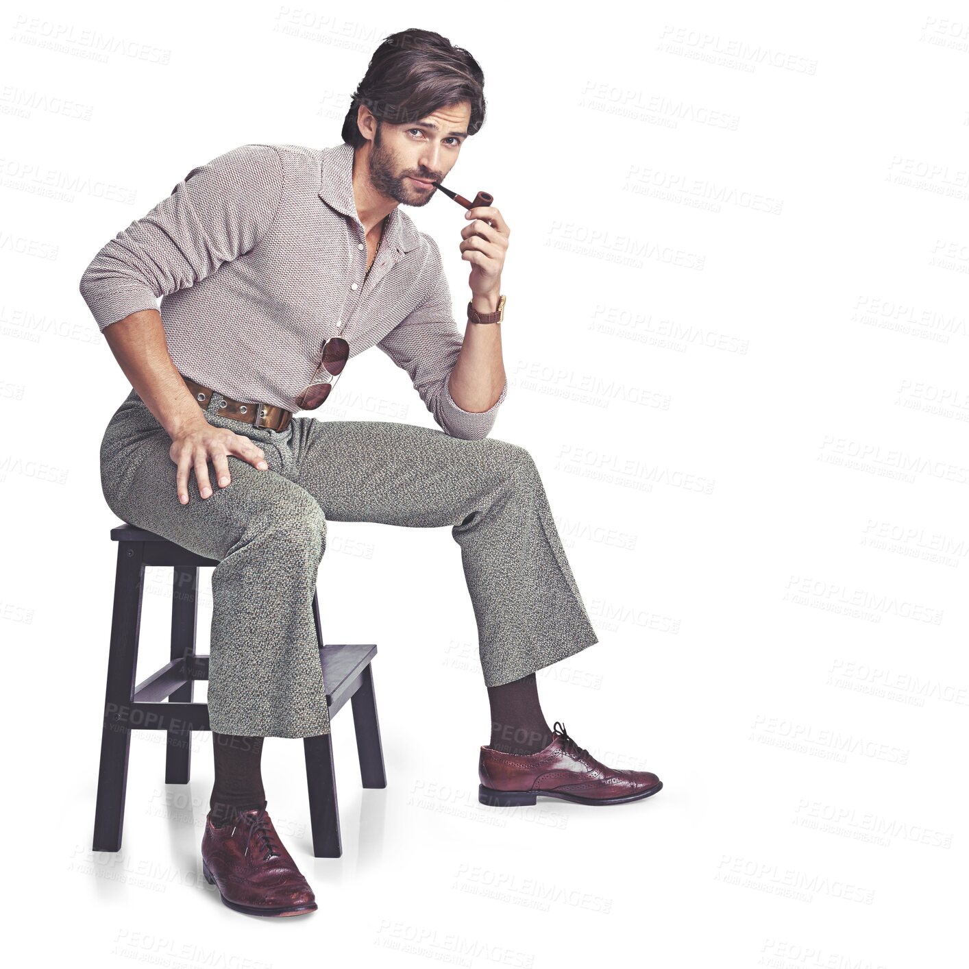 Buy stock photo Chair, fashion and man smoke pipe with vintage clothes isolated on a transparent png background. Portrait of model relax on stool and confidence with unique, hippie or funky and retro 70s style 