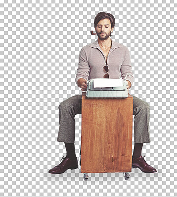 Buy stock photo Desk, serious and man on typewriter with smoking pipe isolated on a transparent png background. Smoke, writer and journalist on table, retro technology and typing creative work on vintage document