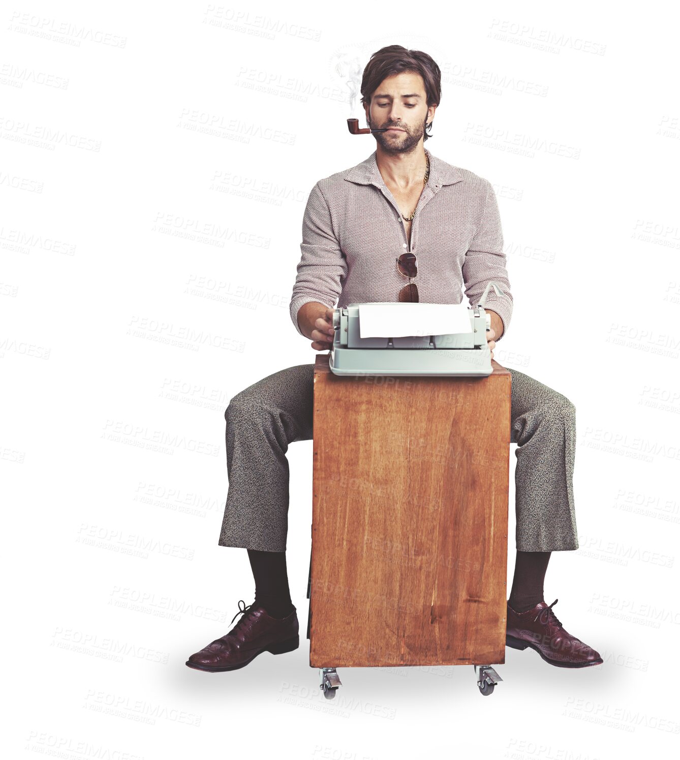 Buy stock photo Desk, serious and man on typewriter with smoking pipe isolated on a transparent png background. Smoke, writer and journalist on table, retro technology and typing creative work on vintage document