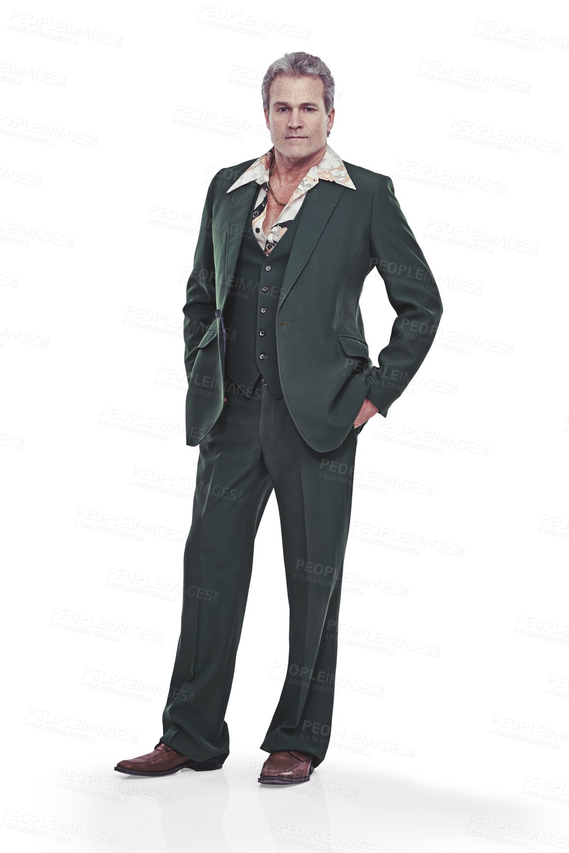 Buy stock photo Portrait, fashion and senior man in suit for groovy, retro and vintage outfit with confidence. Serious, style and full body of elderly male model from Canada isolated by transparent png background.