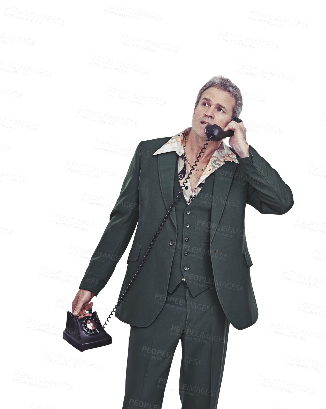 Buy stock photo Senior man, retro fashion or phone call in cool outfit talking isolated on png transparent background. Telephone, classic style or mature person in vintage suit or clothes in mobile communication 