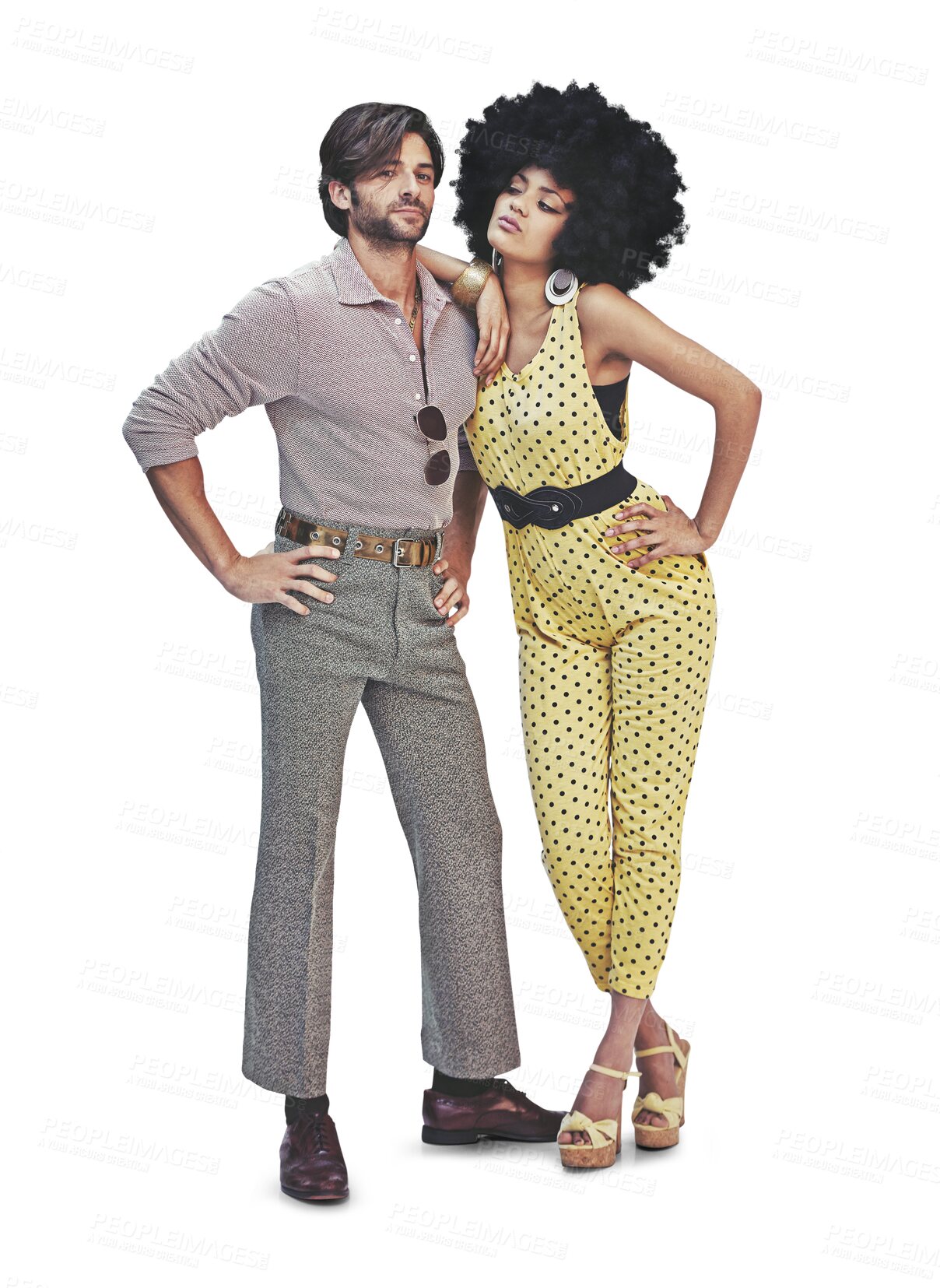 Buy stock photo Portrait, relationship and couple with fashion, retro clothes and marriage isolated on a transparent background. Full body, hug and woman with man, vintage outfit and romance with png and costume