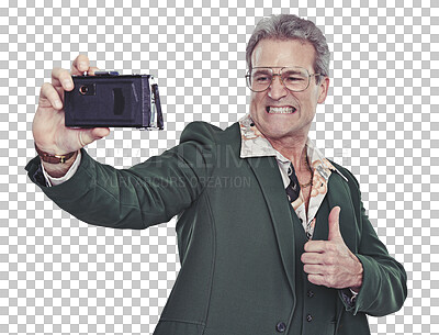 Buy stock photo Portrait, mature man and selfie with happiness, 70s, spectacles and retro clothes with thumbsup. Guy, quirky and vintage with suit, thank you and winner and isolated on transparent png background.